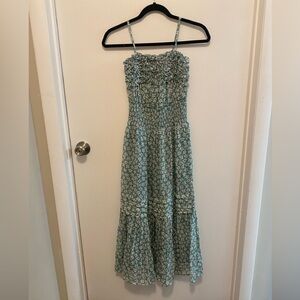 Rebecca Taylor Teal Smocked stretch Midi Dress Xs Nwt